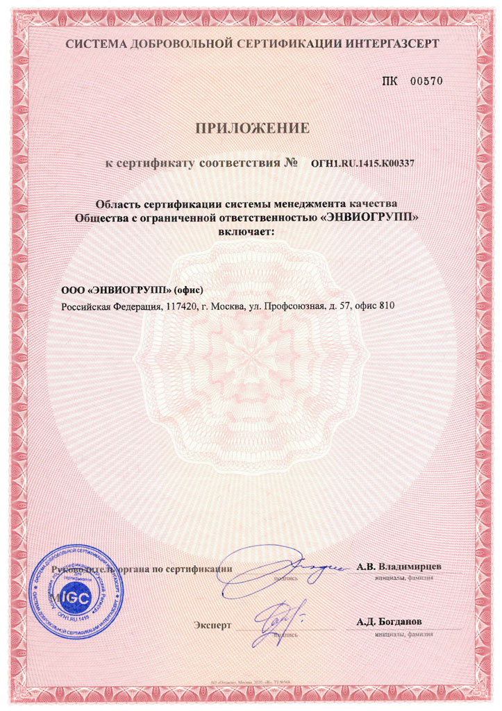 Приложение к сертификату соответствия СТО Газпром 9001-2018